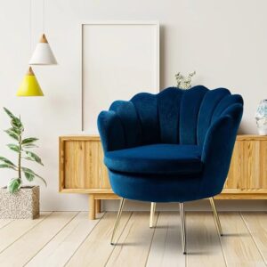 Modern Royal Crest Scallop Design Luxury Blue Velvet Armchair with Polished Gold Metal Legs - Image 1
