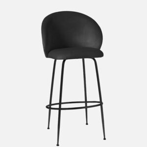 Brum Style Black Velvet Bar Stool with Black Metal Legs and Footrest - Image 1
