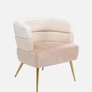 Modern Cream and Light Pink Striped Velvet Armchair with Golden Metal Legs - Image 2