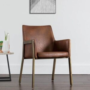 Sunpan Style Brown Faux Leather Accent Chair with Gold Metal Frame - Image 1