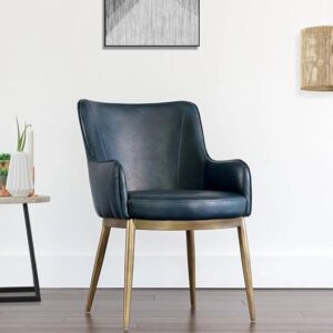Modern Vintage Blue Faux Leather Dining Armchair with Powder Coated Gold Color Legs - Image 1