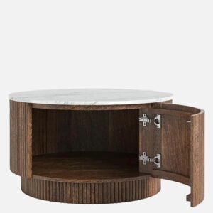 TANUSH FURNITURES Modern Aura Brown Round Marble Top Finish and Storage Coffee Table with Ribbed Cylinder Base - Modern Center Table (63 cm Diameter, 42 cm Height) - Image 8