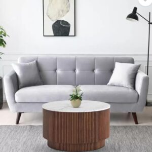 TANUSH FURNITURES Modern Aura Brown Round Marble Top Finish and Storage Coffee Table with Ribbed Cylinder Base - Modern Center Table (63 cm Diameter, 42 cm Height) - Image 7