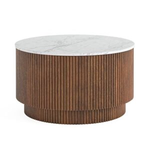 TANUSH FURNITURES Modern Aura Brown Round Marble Top Finish and Storage Coffee Table with Ribbed Cylinder Base - Modern Center Table (63 cm Diameter, 42 cm Height) - Image 2