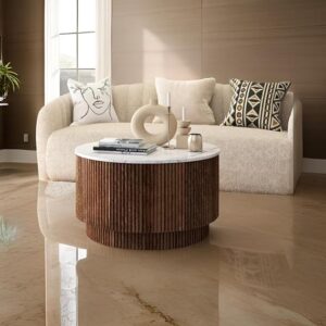 TANUSH FURNITURES Modern Aura Brown Round Marble Top Finish and Storage Coffee Table with Ribbed Cylinder Base - Modern Center Table (63 cm Diameter, 42 cm Height) - Image 1
