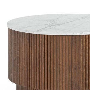 TANUSH FURNITURES Modern Aura Brown Round Marble Top Finish and Storage Coffee Table with Ribbed Cylinder Base - Modern Center Table (63 cm Diameter, 42 cm Height) - Image 6