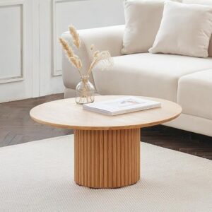 TANUSH FURNITURES Round Wood Coffee Table with Ribbed Base - Modern Circular Center Table (81 cm Diameter, 38 cm Height) - Image 1