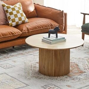 TANUSH FURNITURES Round Wood Coffee Table with Ribbed Base - Modern Circular Center Table (81 cm Diameter, 38 cm Height) - Image 2