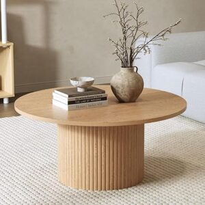 TANUSH FURNITURES Round Wood Coffee Table with Ribbed Base - Modern Circular Center Table (81 cm Diameter, 38 cm Height) - Image 5